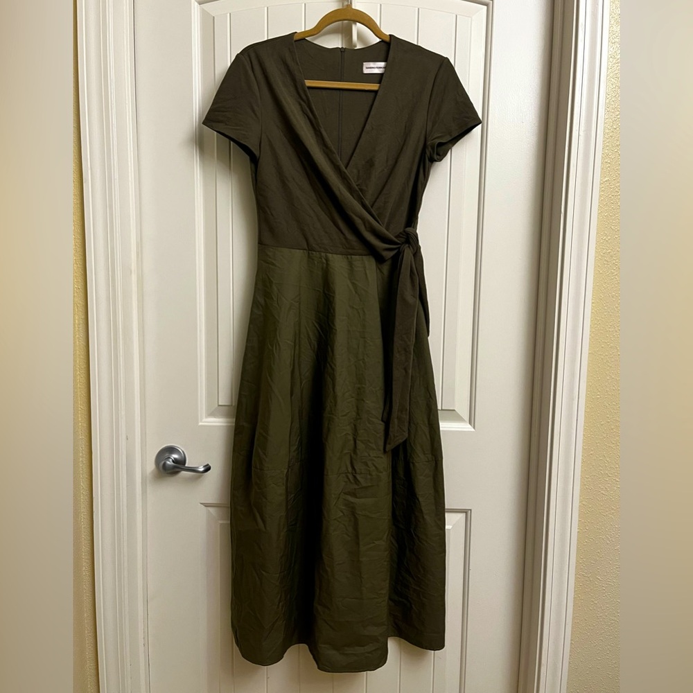 Elegant Sandro Ferrone Olive Midi Wrap Dress, IT size 40